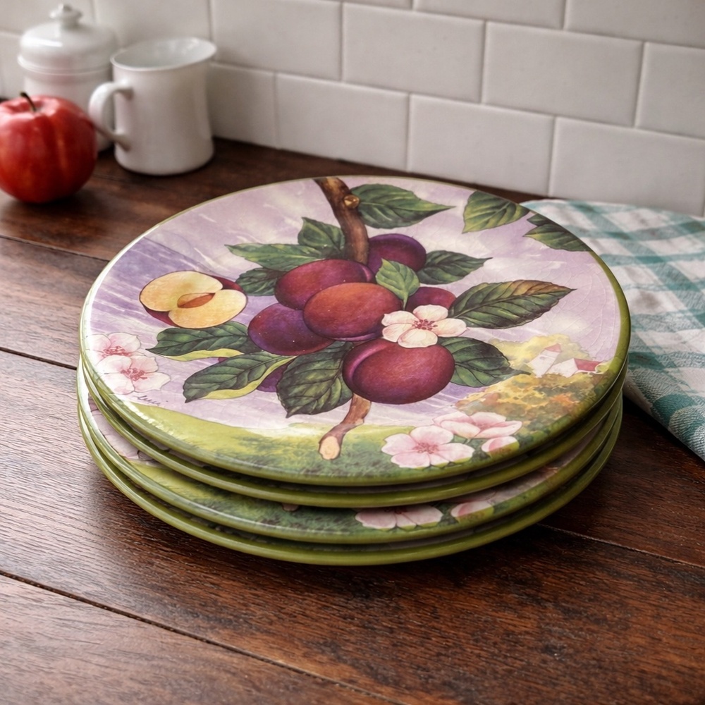 Set of 4 Villa d’Este Italy Plum Fruit Plates Floral Dessert Plates Vintage